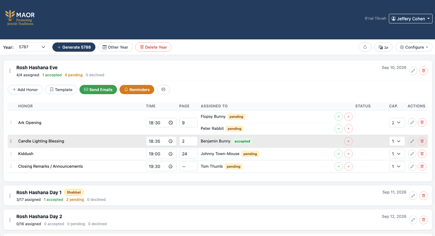 High Holiday Honor Management